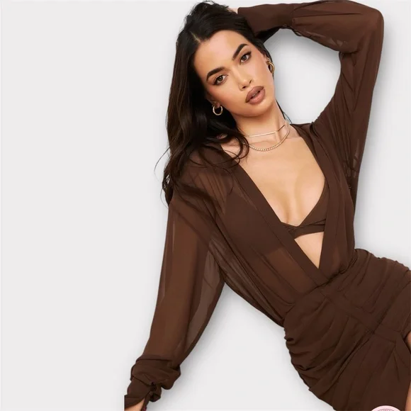 HOUSE of CB Small NWT CLEO Chocolate Chiffon Shirt Dress - Picture 9 of 16